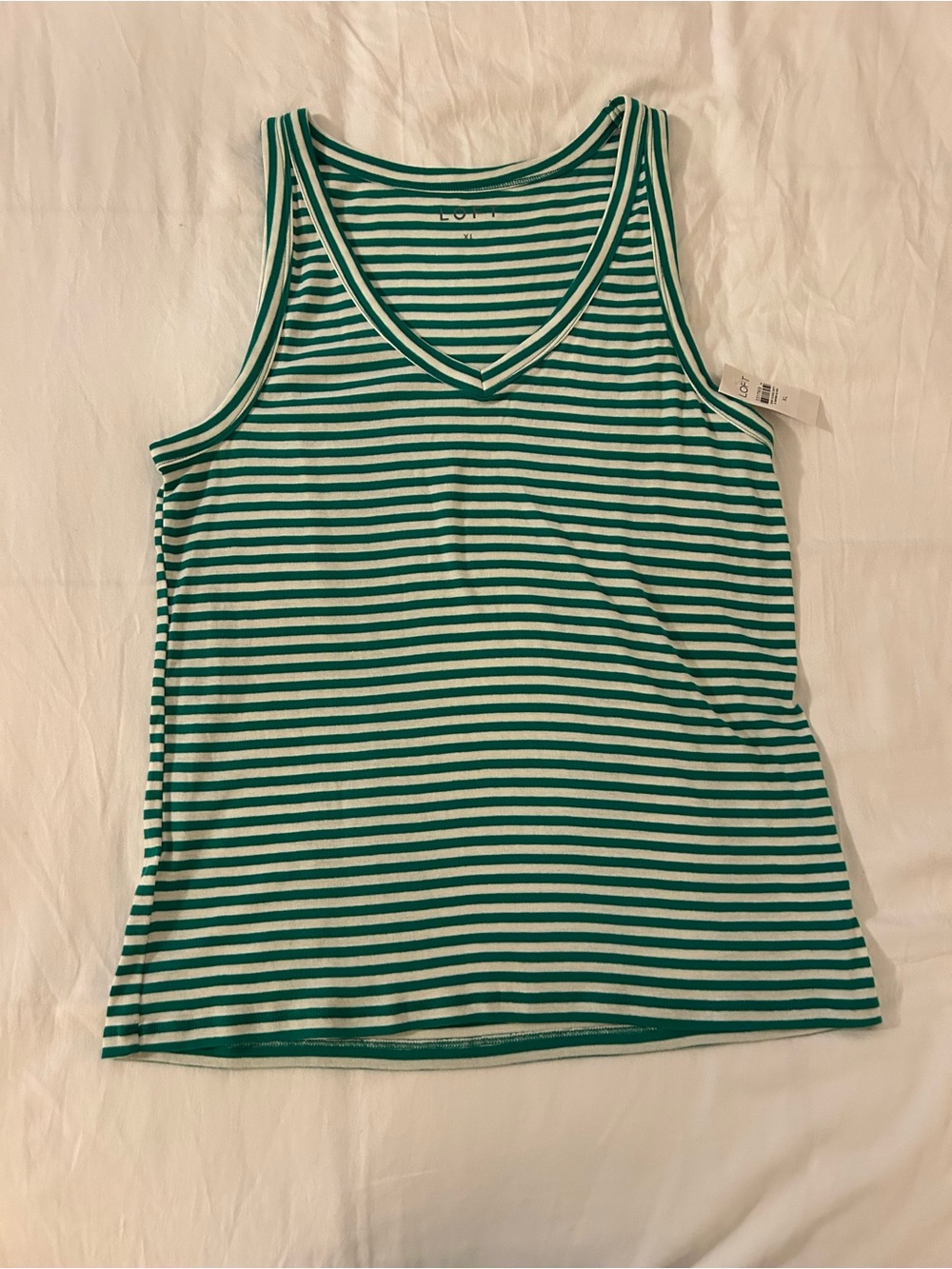 LOFT Green and White Striped V-Neck Tank